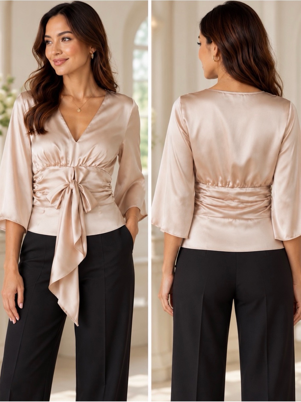 Zara NWT Satin Tie Front Crop Blouse Champagne Beige Bell Sleeve Size M